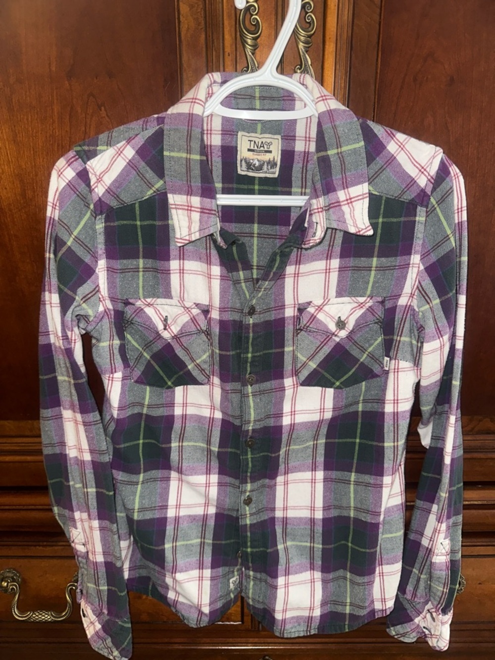 TNA Men's Purple and Green Plaid Button-Down Shirt